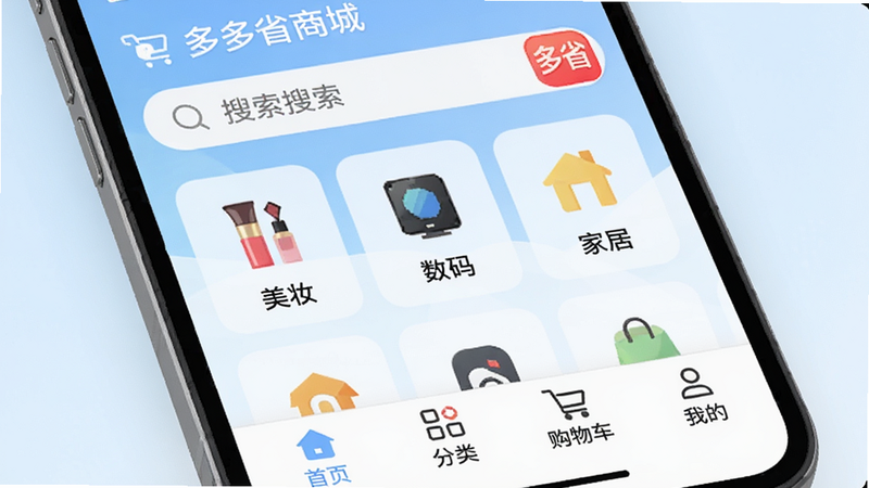 �ֻ���Ļ��д����ʾ�����ʡ�̳ǡ�APP��ҳ���棬����Ϊ���������в�չʾ�������ͼ���硰��ױ���������롱�����Ҿӡ����ײ�Ϊ����ҳ���������ࡱ�������ﳵ�������ҵġ�������������Ϊǳ��ɫ���䣬����ִ���Լ�����壬�޶���Ԫ��