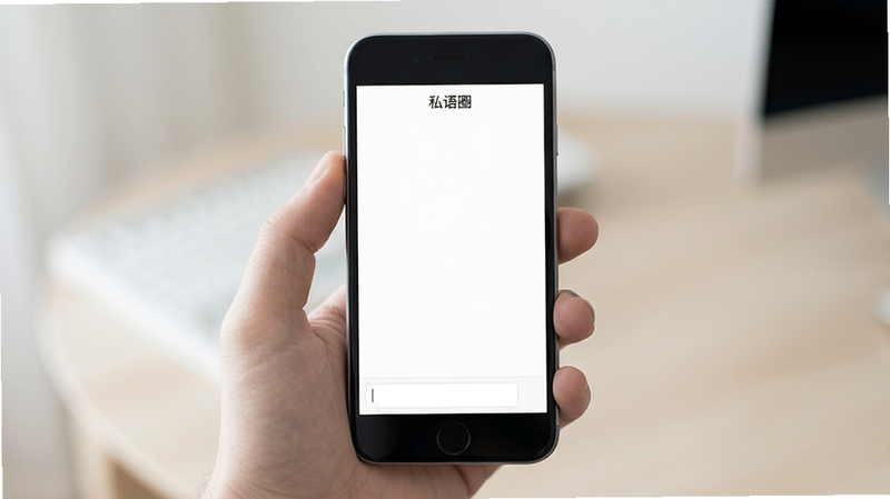 手机正面图,屏幕显示简洁的白色背景聊天界面,顶部有“私语圈”字样,界面下方有一个简单的输入框,没有任何广告横幅或弹窗,整体视觉清爽,极简主义风格,高清晰度