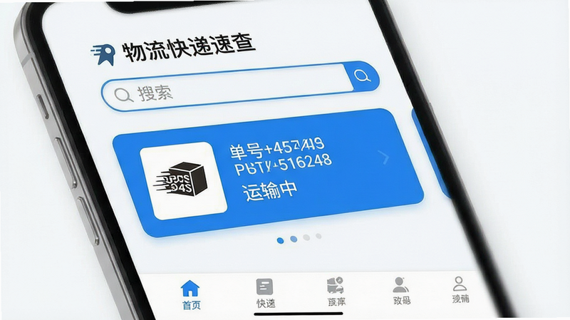 主体为物流快递速查APP的手机屏幕界面截图,布局采用上下结构,顶部显示应用名称“物流快递速查”及搜索框,中部清晰展示一个正在运输中的快递包裹卡片,包含快递公司Logo、单号后四位及当前状态“运输中”,底部为功能导航栏,风格为扁平化极简设计,色彩以白色和科技蓝为主,细节处体现UI图标的高清晰度,画质4k,干净无多余元素