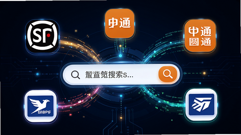 主体为物流快递速查APP的查询功能演示图,布局为中心辐射状,中间是一个放大的搜索框,周围环绕着顺丰、中通、圆通、邮政等主流快递公司的Logo图标,风格为现代科技风,色彩明亮,细节展示数据流转的动态效果,画质高清,干净无多余元素