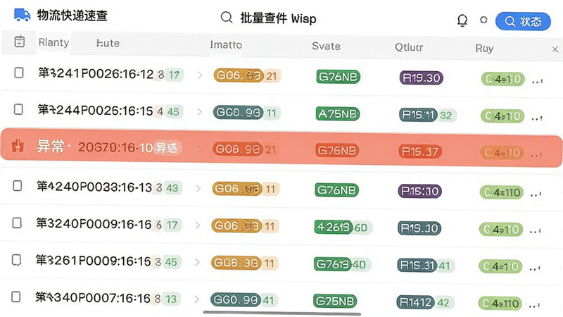 主体为物流快递速查APP的批量查件列表界面,布局为多行列表结构,每行显示一个快递单号及其当前状态,其中一行被高亮标记为异常,风格为数据表格风,色彩以白色背景和多色状态标签为主,细节体现列表信息的清晰排版,画质清晰,干净无多余元素