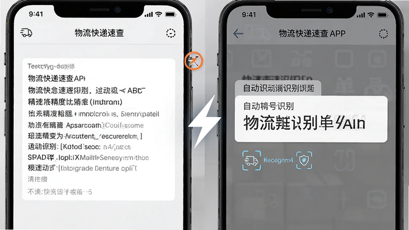 主体为物流快递速查APP的智能识别功能界面,布局分为左右两部分,左侧为模拟复制的文本框,右侧为自动识别后的单号输入框,中间有一个闪电符号表示快速匹配,风格为简洁商务风,色彩以灰白为主,细节体现文字识别的高精度,画质清晰,干净无多余元素