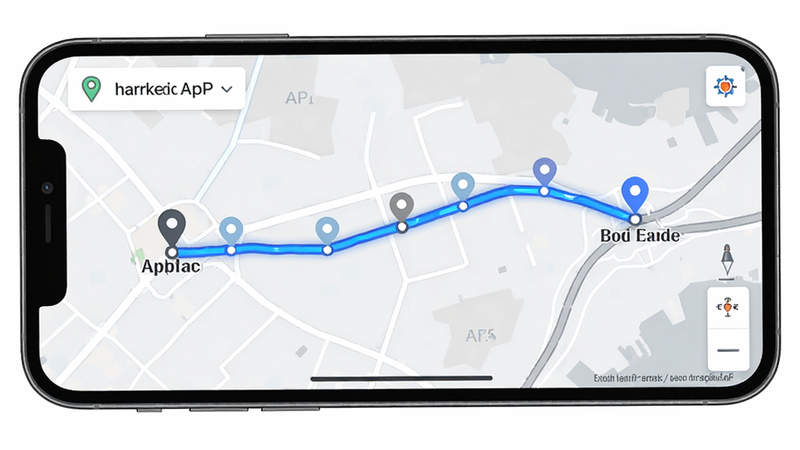 主体为物流快递速查APP的地图轨迹展示页面,布局为全屏地图模式,地图上有一条蓝色的动态轨迹线连接两个地点,轨迹线上有多个节点标记,风格为地图导航风,色彩以浅灰地图底色和蓝色轨迹为主,细节体现地图定位的精准性,画质高清,干净无多余元素