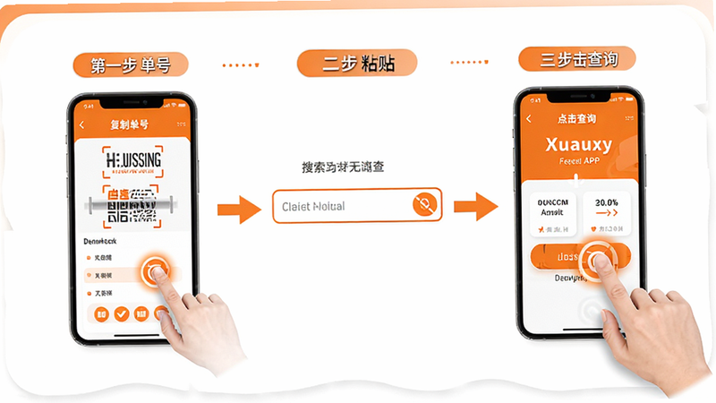 主体为物流快递速查APP的单号输入流程演示图,布局为步骤图形式,第一步为复制单号,第二步为粘贴至搜索框,第三步为点击查询,风格为教程指引风,色彩以橙色和白色为主,细节体现手指点击操作的动态效果,画质清晰,干净无多余元素