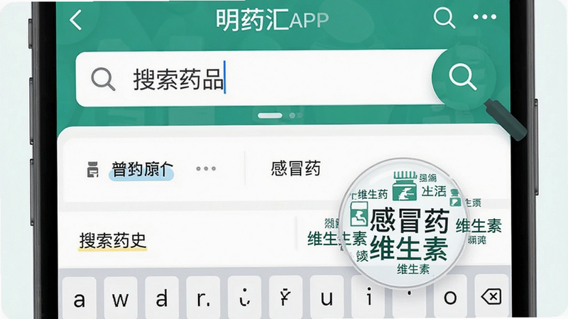 主体为明药汇APP的搜索功能界面,布局上方为大搜索框,下方显示搜索历史和高频词云,风格现代扁平,色调清新,细节展示放大镜图标和键盘输入状态,画质清晰,干净,文字包含