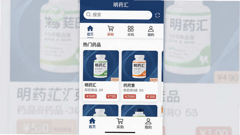 主体为明药汇APP的主界面截图,布局清晰,顶部显示搜索栏和分类图标,中间展示热门药品卡片,底部为导航栏,风格简洁商务,色调以白色和深蓝色为主,细节包含药品名称、价格标签,画质高清,干净无多余元素,文字内容包含