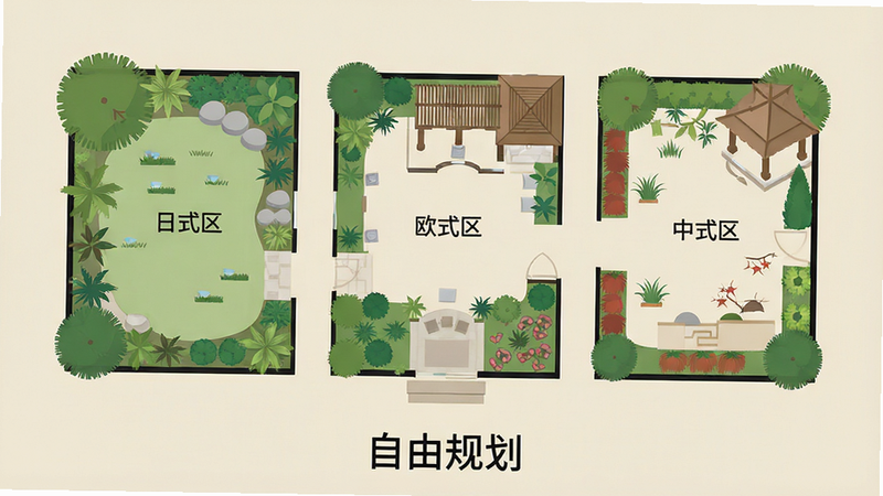 主体为庭院规划示意图,布局为俯视视角,展示不同风格的花园模块,如“日式区”、“欧式区”、“中式区”,排版整齐,风格简约扁平化,细节显示各类植物和建筑的组合方式,画质清晰,干净,无多余元素,背景为浅米色,文字“自由规划”位于底部