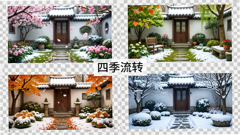 主体为四季庭院变化对比图,布局为四宫格排列,分别展示春、夏、秋、冬四个季节的“花园小院”景象,排版对称,风格写实摄影风,细节展示花瓣飘落、积雪覆盖等动态效果,画质逼真,干净,无多余元素,背景为透明,文字“四季流转”位于中心