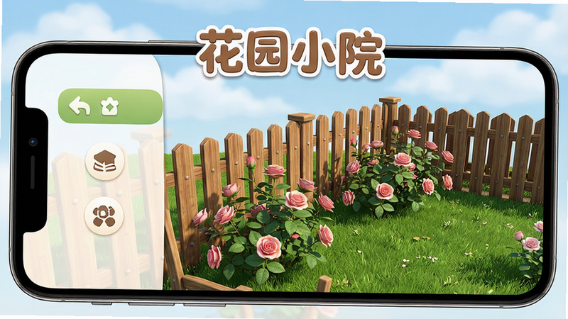 主体为手机屏幕显示“花园小院”游戏界面,布局为竖屏,左侧是功能菜单,右侧是3D渲染的精致庭院,包含木质栅栏、盛开的玫瑰花丛和修剪整齐的草坪,风格为清新治愈系,细节丰富,叶片纹理清晰,画质高清,干净,无多余元素,背景为柔和的蓝天白云,文字“花园小院”位于顶部居中,字体圆润可爱