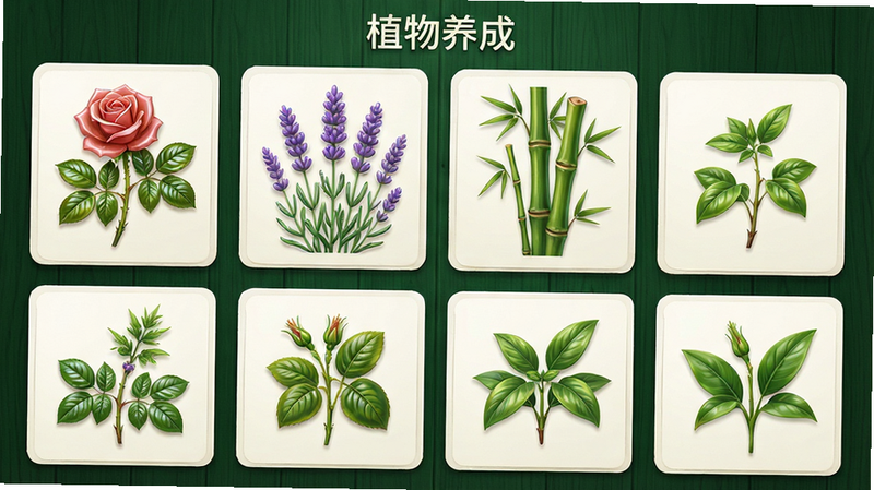 主体为植物图鉴界面,布局为网格状列表,展示多种植物卡片,如玫瑰、薰衣草、竹子等,排版紧凑有序,风格拟物化,细节显示植物叶片的光泽和茎干的质感,画质细腻,干净,无多余元素,背景为深绿色木纹,文字“植物养成”位于顶部