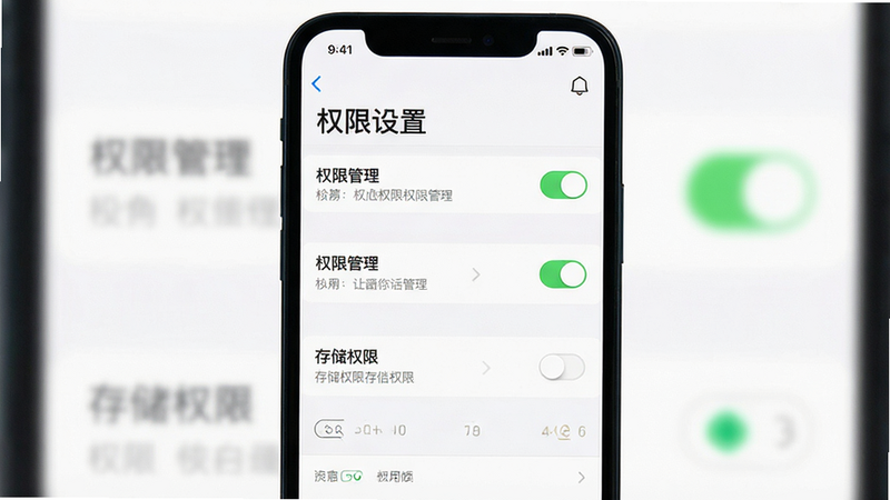 主体为手机设置界面截图,布局为竖屏,突出显示“权限管理”和“存储权限”选项,排版清晰,风格系统原生UI,细节显示开关状态和文字说明,画质清晰,干净,无多余元素,背景为白色,文字“权限设置”位于顶部