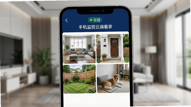 ����Ϊһ�Ÿ��������ֻ���Ļ��д����Ļ������ʾ�š��ֻ�����ƶ˿��ҡ���Ӧ�ý��棬�����Ϊ�ĸ�ʵʱ��Ƶ���ڣ��ֱ�չʾ�������ſڡ���Ժ�ͳ�������������ģ�����ִ��Ҿӻ��������涥���������ġ����ߡ�״ָ̬ʾ����������Ϊ����Ƽ��磬UIԪ�ر�ƽ����ɫ���������Ͱ�ɫΪ�������������ɼ�������8K���޶���װ��Ԫ�أ��ɾ�����