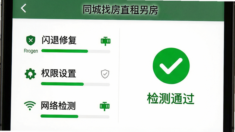 主体为手机故障排查界面,左侧显示“闪退修复”、“权限设置”、“网络检测”三个选项,右侧显示一个绿色的对勾图标和“检测通过”字样。布局左右对照,风格简洁直观,配色为白底黑字配绿色强调色。细节处显示进度条和状态图标,画质清晰,无复杂背景,文字“同城找房直租房”位于顶部标题栏