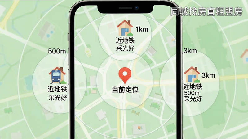主体为手机地图界面,中心点标注“当前定位”,周围辐射出三个不同距离圈的房屋图标,图标旁标注“500m”、“1km”、“3km”。背景为淡绿色地图底纹,风格扁平化,布局呈放射状。细节显示每个房屋图标下方有简短描述如“近地铁”、“采光好”。画质清晰,无杂乱线条,文字“同城找房直租房”位于地图右上角水印处