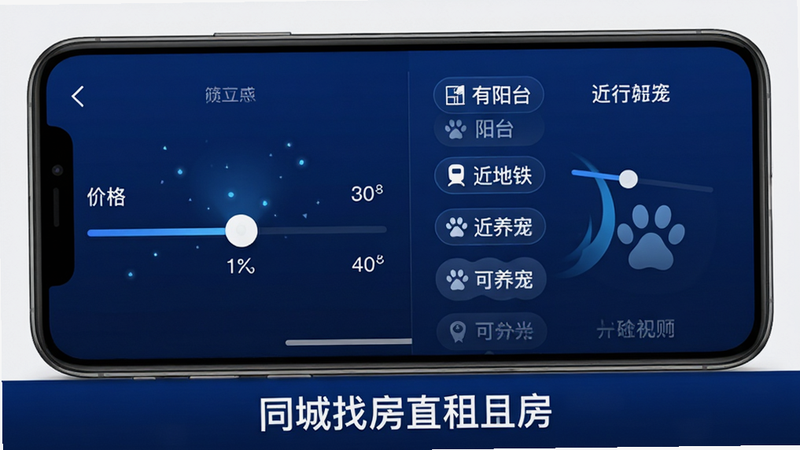 主体为手机APP筛选页面,左侧显示滑动条调节价格,右侧勾选“有阳台”、“近地铁”、“可养宠”等标签。布局左右分栏,风格科技感强,配色为深蓝色背景配白色文字。细节处显示筛选结果实时更新动态,画质细腻,无冗余图标,文字“同城找房直租房”作为品牌标识位于底部