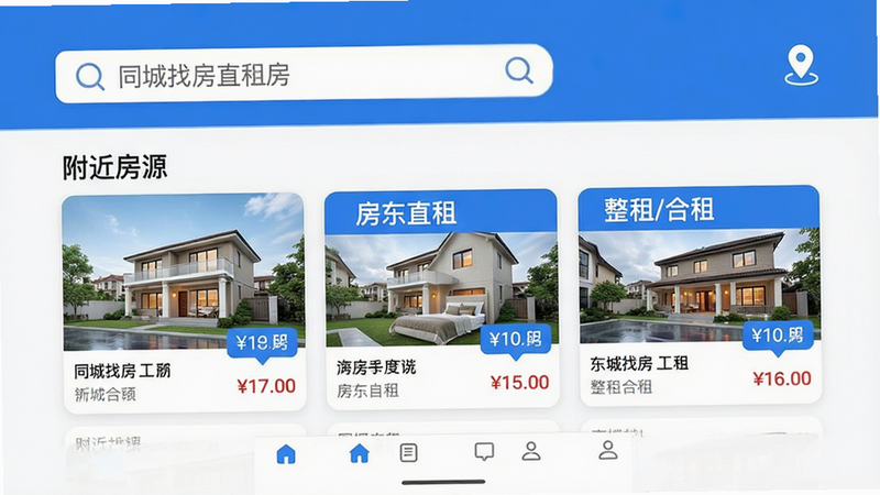 主体为“同城找房直租房”安卓APP首页界面,布局清晰,顶部显示搜索栏与定位图标,中部展示“附近房源”、“房东直租”、“整租/合租”三个核心功能入口卡片,底部为导航栏。排版整洁有序,风格简约现代,采用蓝白配色方案。细节处可见清晰的房屋缩略图与价格标签,画质高清,干净无多余装饰元素,文字“同城找房直租房”清晰可见