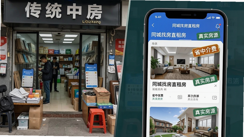 主体为手机APP对比场景,左侧为杂乱的传统中介门店图片,右侧为“同城找房直租房”APP清晰的房源列表界面。布局左右对比,风格写实与数字界面结合,细节显示右侧界面上有“省中介费”、“真实房源”标签。画质高清,无多余装饰,文字“同城找房直租房”在右侧APP界面显著位置