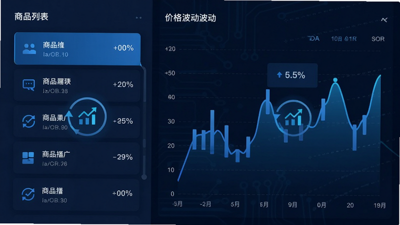 主体为数据可视化图表,布局左右分栏,左侧为商品列表滚动效果,右侧为价格波动曲线,排版紧凑有序,风格科技感蓝色调,细节显示数据同步图标,画质清晰,简洁专业