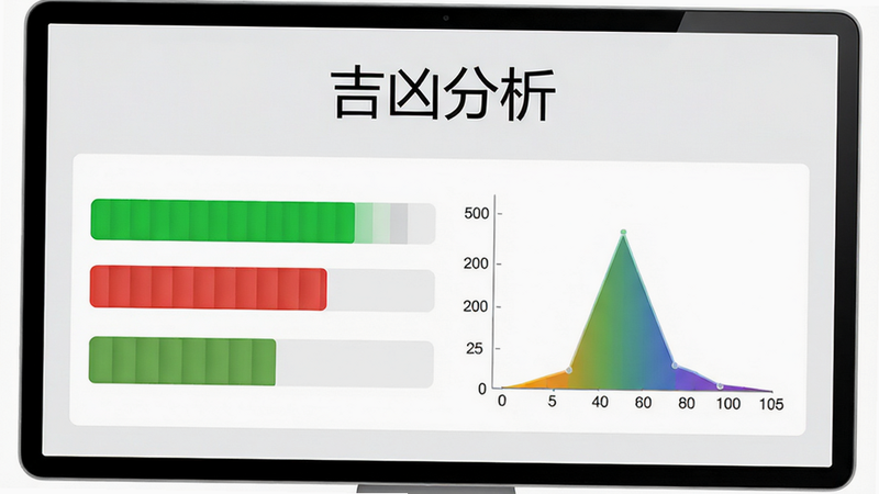 展示软件的分析结果页面,屏幕上方显示“吉凶分析”标题,下方是绿红相间的状态条,旁边有简单的图表展示能量分布,界面设计简洁大方,字体清晰易读,背景为浅灰色,整体风格专业可信,无多余元素,高清质感