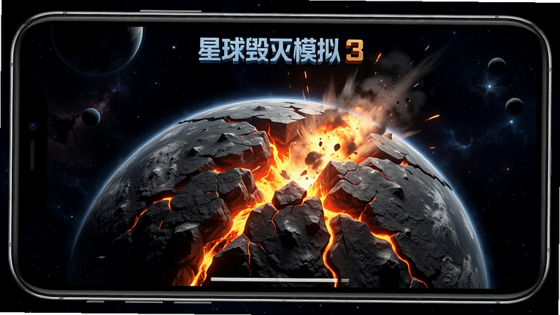 手机屏幕显示《星球毁灭模拟器3》游戏场景,一颗灰色岩石星球表面出现巨大裂缝,岩浆从裂缝中涌出,背景是深邃宇宙,画面色彩对比强烈,特效逼真,手机边框为黑色,屏幕清晰显示游戏内爆炸瞬间,风格写实,高质量渲染