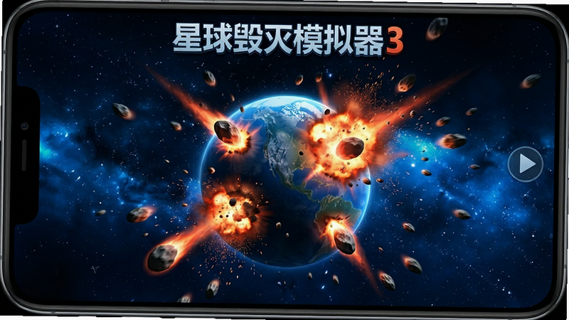 一张展示《星球毁灭模拟器3》游戏界面的手机屏幕截图,背景为深蓝色宇宙星空,画面中央是一颗正在被陨石撞击的蓝色星球,爆炸火光呈橙红色向四周扩散,粒子特效清晰,屏幕顶部显示游戏Logo“星球毁灭模拟器3”,整体风格科幻写实,高清无噪点,干净背景,无多余UI元素