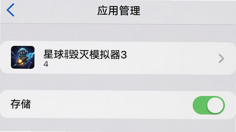手机设置界面,显示“应用管理”列表,其中《星球毁灭模拟器3》被高亮选中,下方显示“存储”权限开关为开启状态,界面简洁,白色背景,文字清晰,无其他干扰元素,高清截图