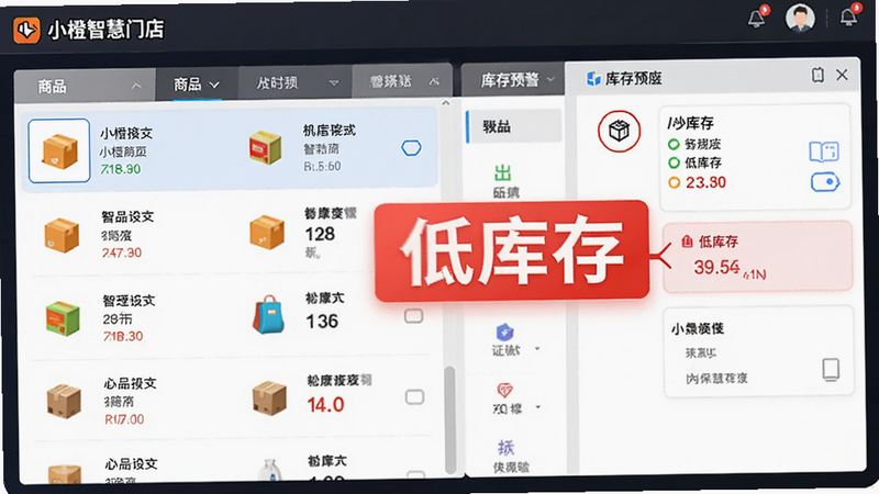 展示“小橙智慧门店”库存管理模块的界面,左侧为商品列表,右侧为库存预警面板,主体突出“低库存”红色标签,布局清晰,排版规整,风格专业商务,细节包含具体的商品图标和数量显示,画质清晰,干净无多余元素