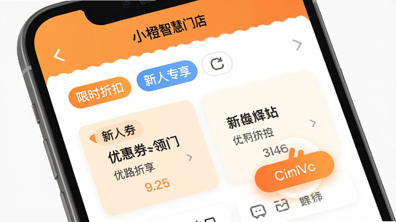 展示“小橙智慧门店”会员营销界面,主体为优惠券领取页面,包含“限时折扣”、“新人专享”等标签,布局紧凑,风格活泼亲切,细节体现点击互动的视觉效果,画质高保真,干净无多余元素