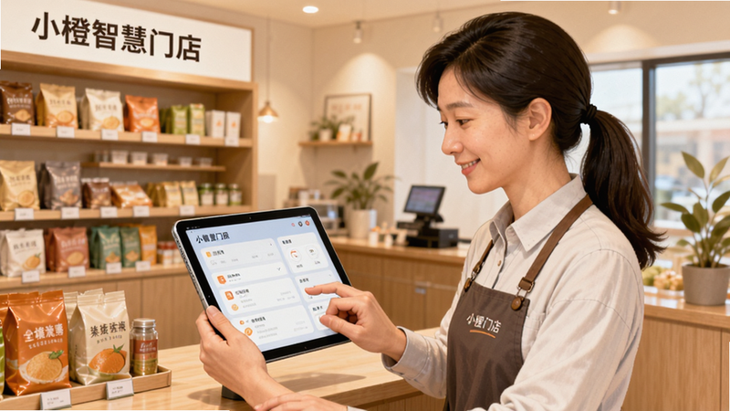 展示“小橙智慧门店”应用场景插画,主体为店主在平板电脑上操作界面,背景为整洁的零售店铺,布局温馨和谐,风格写实商业,细节体现商品陈列和交互操作,画质高清,干净无多余元素