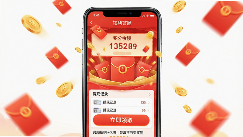 主体为手机屏幕,显示“福利答题”APP的奖励中心页面,布局突出显示红包雨动画效果与积分余额,下方列出提现记录与奖励规则说明。风格为喜庆热闹,色彩以红色与金色为主,细节处有金币与红包飘落的动态效果,画质高清,干净无多余元素,文字“立即领取”醒目