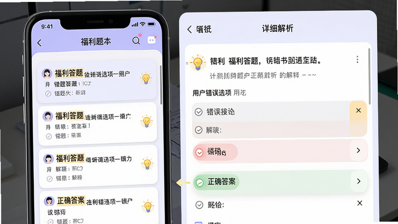 主体为手机屏幕,展示“福利答题”APP的错题本功能界面,布局分为左侧错题列表与右侧详细解析区域,显示题目内容、用户错误选项及正确答案高亮。风格为专业学习工具风,色彩以淡紫色与白色为主,细节处有灯泡图标表示解析提示,画质清晰,干净无多余元素,文字排版整齐