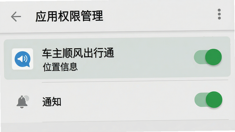 一张手机设置界面的示意图,主体是安卓系统的“应用权限管理”页面,高亮显示“车主顺风出行通”的“位置信息”和“通知”权限开关,均为开启状态。布局简洁,背景为浅灰色,风格系统原生UI,细节清晰,画质高清,无多余图标。