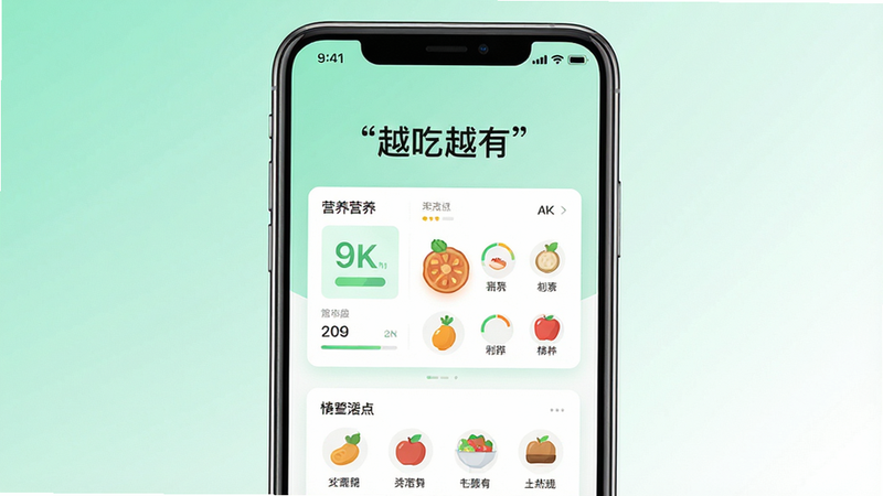 ����Ϊ�ֻ���Ļ��д����ʾ��Խ��Խ�С�APP���棬����Ϊ��͵ı��������ɫ���䣬���־��У��Ű�����������ƽ���������壬ϸ��չʾӪ���Ǳ�����ʳ��ͼ�꣬����4k���壬�ɾ��޶���Ԫ��