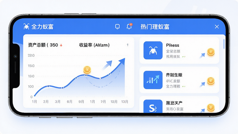 主体为“全力蚁富”APP的全景界面展示,布局采用卡片式UI设计,左侧显示资产总额与收益率曲线图,右侧列出热门理财产品列表,风格为现代扁平化商务蓝白色调,细节包含微小的金币图标与上升箭头,画质4K高清,干净无多余元素,文字标注“全力蚁富”