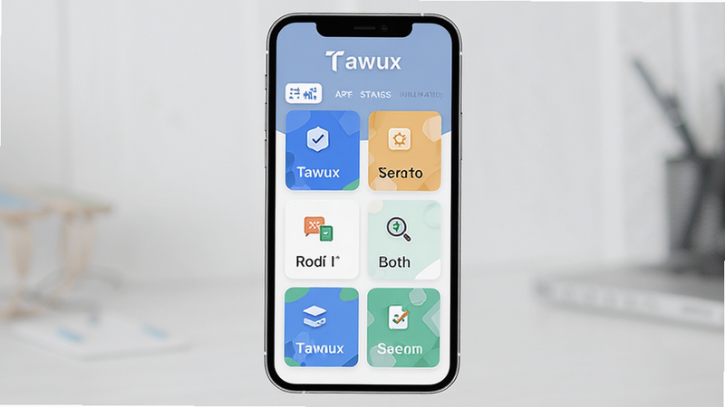 һ��չʾTawuxӦ��������ĸ���ͼƬ������Ϊ�ֻ���Ļ������������������ʾӦ��Logo��Tawux�����м�����չʾ���Ĺ���ģ�鿨Ƭ���Ű����룬����Լ�ִ���ϸ�ڷḻ�����ʸ��壬�ɾ����޶���Ԫ��