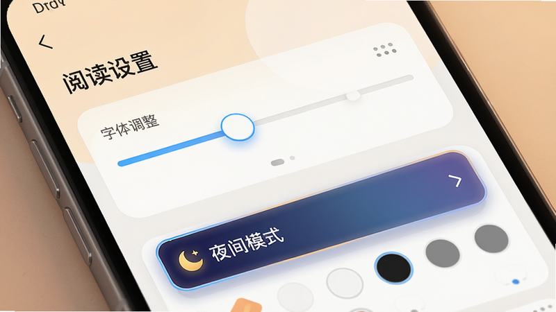 主体为纯悦APP设置界面,布局展示字体调整滑块与背景色选择器,排版直观易懂,风格科技感与温馨感并存,细节高亮显示“夜间模式”选项,画质细腻,无杂乱图标,文字标注“阅读设置”,整体画面传达出软件对用户体验的细致关怀。