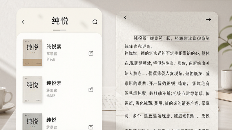 主体为纯悦APP界面预览,布局呈现极简主义风格,左侧显示书籍列表,右侧展示阅读页面,排版清晰有序,风格清新淡雅,细节处体现柔和光影与纸质纹理质感,画质4K高清,干净无多余元素,文字内容包含“纯悦”品牌标识,整体色调以米白和浅灰为主,营造宁静舒适的阅读氛围。