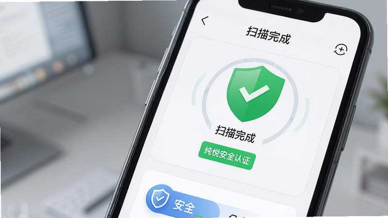 主体为手机安全扫描界面,布局显示“扫描完成”状态,排版简洁,风格专业可信,细节展示绿色盾牌图标与“安全”字样,画质高清,无干扰元素,文字标注“纯悦安全认证”,传达出软件的高安全性与合规性。