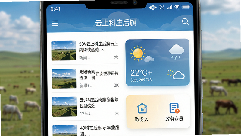 高清写实风格,主体为安卓手机屏幕特写,屏幕显示‘云上科左后旗’APP首页,界面包含新闻列表、天气卡片和政务入口,背景为模糊的草原风光,布局清晰,排版整洁,细节丰富,4k画质,干净,无多余元素