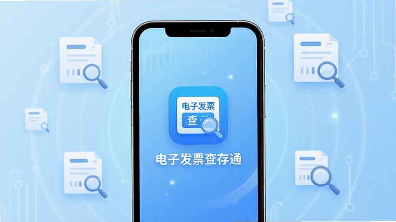 主体为手机界面展示,屏幕中央显示应用图标及名称“电子发票查存通”,背景为浅蓝色科技感渐变,周围环绕着简化的发票图标和放大镜符号,布局居中,排版清晰,风格现代简约,细节精致,4k高清,干净无多余元素