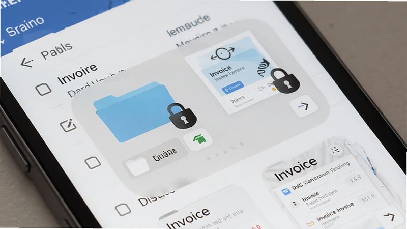 主体为手机界面,显示文件夹列表和发票缩略图,图标带有锁形安全标识,布局整齐,风格稳重可信,细节展示数据同步图标,4k高清,无杂乱背景