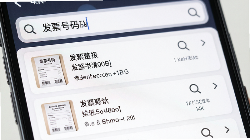 主体为手机搜索界面,输入框中显示“发票号码”,下方列出多条搜索结果卡片,每张卡片包含发票缩略图和关键信息,布局紧凑高效,风格实用简洁,细节包含搜索放大镜图标,4k高清,清晰易读