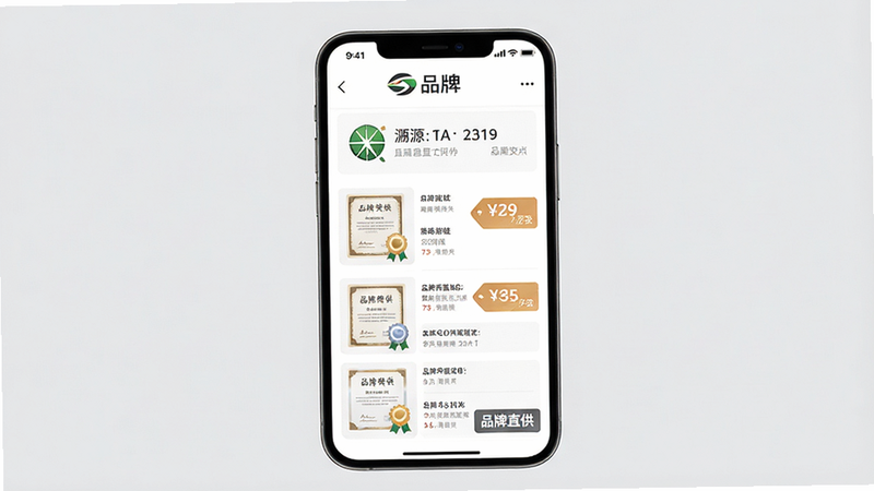 ����Ϊ�ֻ����棬��ʾ��Ʒ����ҳ������Ϊǳ��ɫ�����ְ���Ʒ��Logo����Դͼ�ꡢ�۸��ǩ���Ű洹ֱ�ֲ������רҵ���ţ�ϸ��չʾ֤��ͼ�꣬���ʸ߱��棬�ɾ����޶���Ԫ�أ����֡�Ʒ��ֱ����������