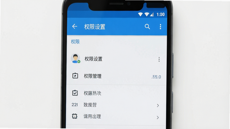 主体为安卓手机设置界面,显示权限管理选项,布局清晰,排版整洁,扁平化UI风格,细节明确,高清画质,干净背景,文字