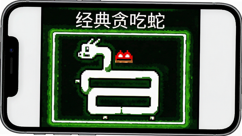 主体为手机屏幕,显示经典贪吃蛇游戏界面,绿色背景,白色蛇身,红色食物,布局简洁居中,排版清晰,复古像素风格,细节丰富,高清画质,干净无多余元素,文字