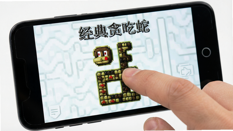 主体为手部特写,手指在安卓手机屏幕上滑动操作贪吃蛇,布局聚焦屏幕中心,排版紧凑,写实摄影风格,细节清晰,高清画质,干净背景,文字
