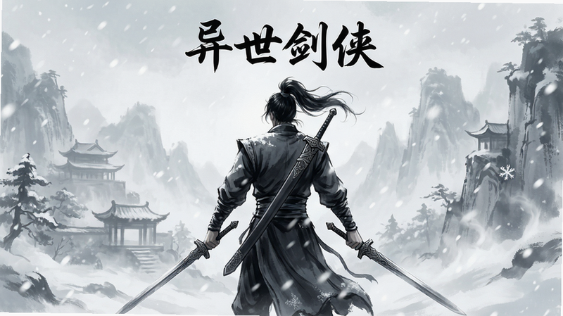 主体为《异世剑侠》游戏主视觉图,布局采用居中构图,排版简洁大气,风格为高品质国风水墨渲染,细节展示持剑侠客背影与漫天飞雪,画质8k高清,干净无多余元素,文字标签
