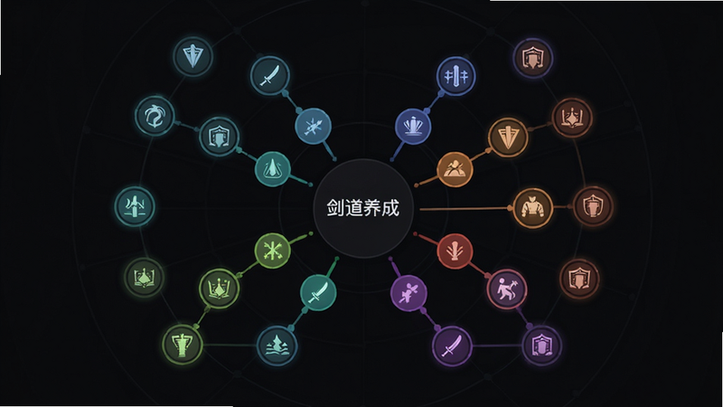 主体为角色技能树界面,布局为放射状结构,排版整齐有序,风格为UI设计极简风,细节展示不同颜色代表不同属性的技能节点连接,画质高清,干净,无多余元素,文字标签