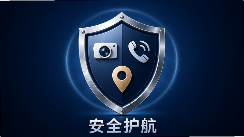 一个盾牌图标位于画面中央,盾牌内部包含摄像头、电话和定位标记三个小图标,象征安全监控、紧急呼叫和位置追踪。背景为深蓝色渐变,周围环绕着淡淡的光晕,风格严肃可靠,细节丰富,画质高保真,无杂乱元素,文字“安全护航”置于底部
