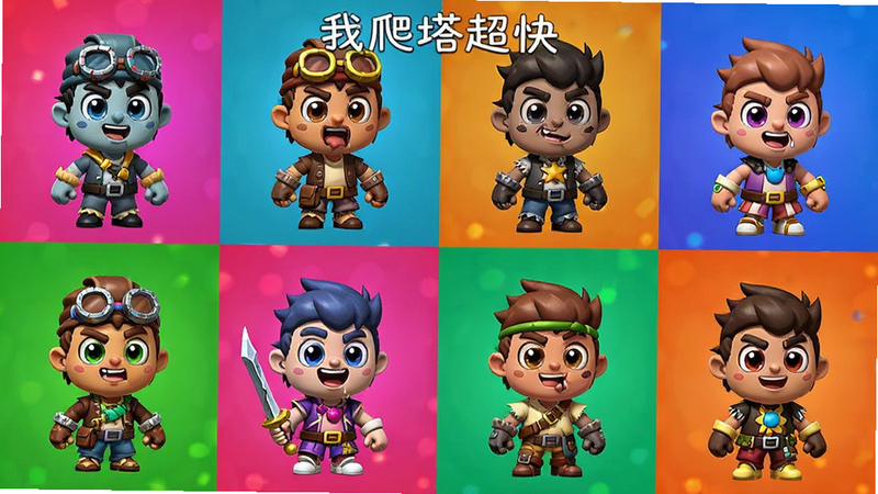 《我爬塔超快》游戏内多种角色皮肤展示图,采用网格布局,展示不同颜色、不同风格的卡通角色形象,每个角色都有独特的配饰和表情,背景为纯色渐变,突出角色细节,高饱和度色彩,游戏素材展示风格,清晰锐利